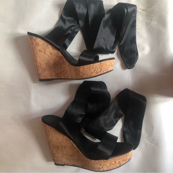 ❤️ASOS Black Twist Tie Leg Cork Wedges Satin Straps Strappy Leather Platforms - Picture 2 of 6